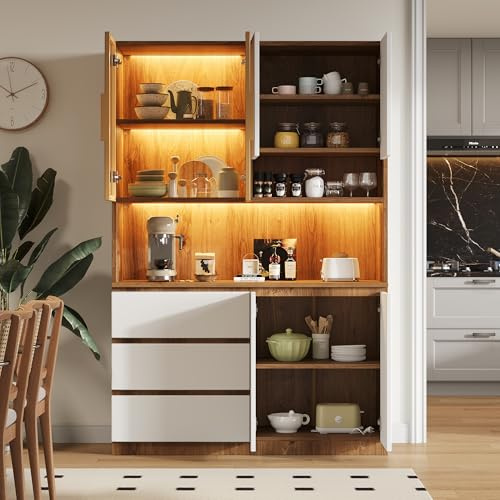 Gelukueub Armarios de cocina, vitrinas de cocina, armarios multifuncionales con 3 cajones, 6 puertas y estantes de almacenamiento para guardar platos, un microondas. B120.5×T40×H180CM (White+Natural)