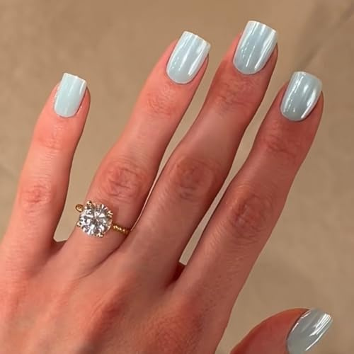 Chrome Short False Nails - Blue Press on Nails Square - 24pcs Fake Nails with Glue - Aurora Acrylic Nails Stick on Nails for Women Daily Party Wear