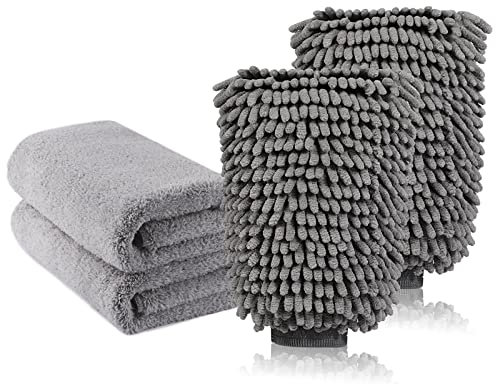TAGVO Große Auto-Waschhandschuh und Mikrofaser-Reinigungstüch - Deluxe Koralle Chenille-Handschuh-Poliertücher Perfekt für Küche - Autowäsche & Farbe (2X Tücher + 2X Handschuh)