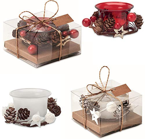 Weihnachtskerzen Weihnachtliches 4er Set mit 2 roten Kerzen mit Deko und 2 weissen Kerzen im Glas im Geschenkkarton Advent Christmas X-Mas