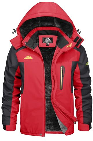 KEFITEVD Chaqueta de Esquí Polar para Hombre Abrigos de Snowboard Impermeables Chaquetas de Senderismo con Capucha Desmontable,Rojo,3XL