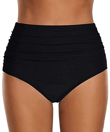 ABINGOO Damen Bikinihose Badeanzug Elastischer Bauchweg High Waist Schwarz Strand Badeshorts Abdominal Ruched Klassische Badehose(Schwarz,XXL)