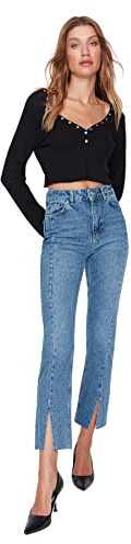 Trendyol Jeans Donna a Vita Alta con Gamba Svasata, Blu, 66
