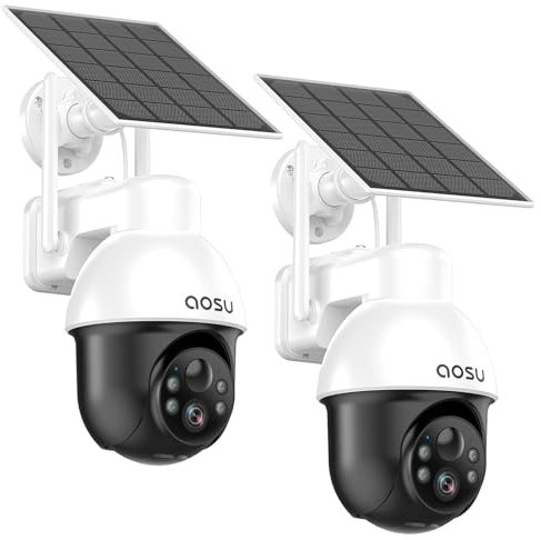 AOSU 5MP Solar Security Camera Outdoor with Color Night Vision, 2 Pack Outdoor Security Camera for home, Auto tracking Battery Security Camera with Solar Panel, 2 Way Audio, 2.4 WiFi