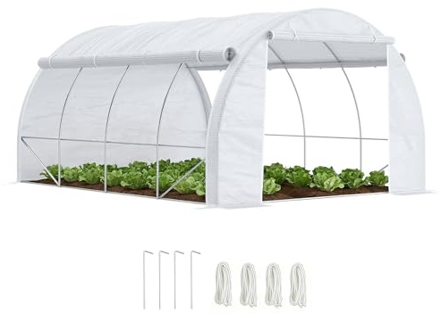 Outsunny Växthus växthus med UV-skydd, 3,97 x 3,02 x 2 m tomathus med sidodörr, vindtätt folietunnel, växthus för trädgård, balkong, stål, vit