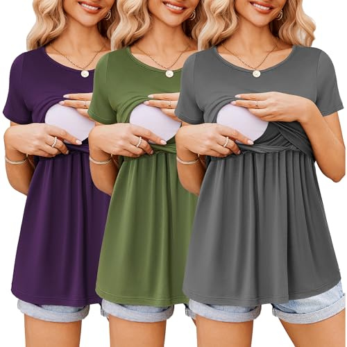 Ekouaer Womens Nursing Tops 3 Packs Nursing Shirts Short Sleeve Double Layer Maternity Breastfeeding Tee Shirts