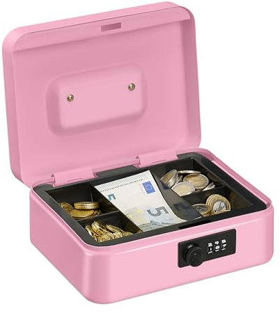 Relaxdays Caja Dinero, Combinación 3 Números, Bandeja para Monedas, Cajita Hierro, 8,5 x 20 x 17 cm, Rosa