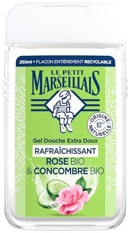 Le Petit Marseillais | Gel Douche Extra Doux Rafraîchissant Rose Bio & Concombre Bio (flacon de 250 ml) – 92% d'ingrédients d'origine naturelle – pH neutre pour la peau et sans colorant