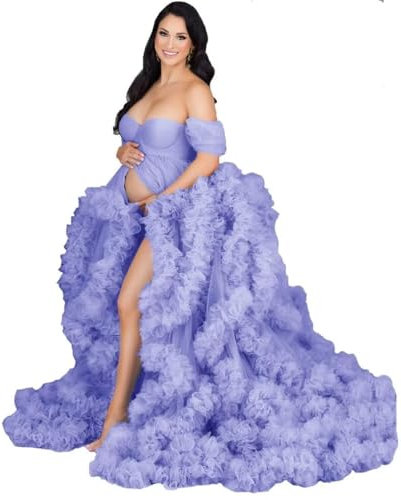 AHERKLL Puffy tyllrock moderskapsklänning för fotografering genomskinliga långa underkläder baby shower graviditet fotografering dressing ZM004, lavendel, 52 SE/Plus
