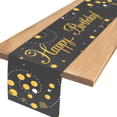 Tischläufer Geburtstag Deko-Tischdecke Tischdeko Geburtstag,Geburtstagsdeko,Happy Birthday ,für Mann Kinder Mädchen Jungen Geburtstag Party Dekoration 180 x 35cm(Schwarz Gold)