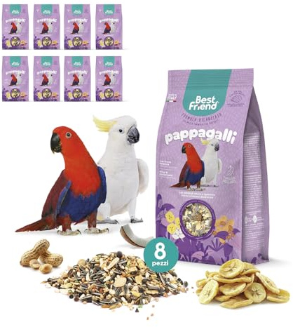 Best Friend Mangime Completo per Pappagalli con Arachidi sgusciate, Cocco e Banane Disidratate. Mangime per gli uccelli con Ingredienti Naturali, Qualità 100% Made in Italy | Confezione da 8 pacchi