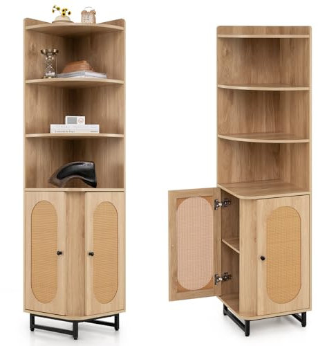 KOMFOTTEU Bücherschrank Rattan, Eckschrank Holz mit 2 PE-Rattantüren, Bücherregal mit 4 offenen Regalen, Hochschrank Badezimmerschrank 40 x 40 x 172 cm mit Kippschutz
