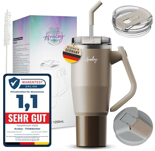 Avaloy Auslaufsicherer Thermobecher 1,2l (40 oz) – Edelstahl To-Go Becher – 2 Deckel inkl. Strohhalm – 180° drehbarer Griff – Doppelwandiger Isolierbecher für Kaffee & Getränke (Beige/Brown)
