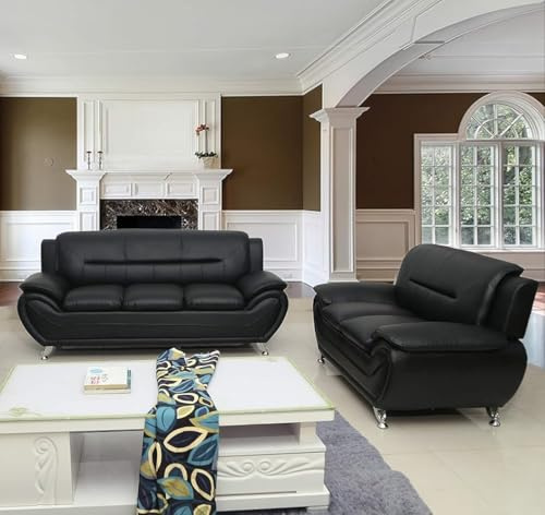 Eclipse 3+2 Leather Sofa Set Chrome Legs, Living Room Furniture (Black)