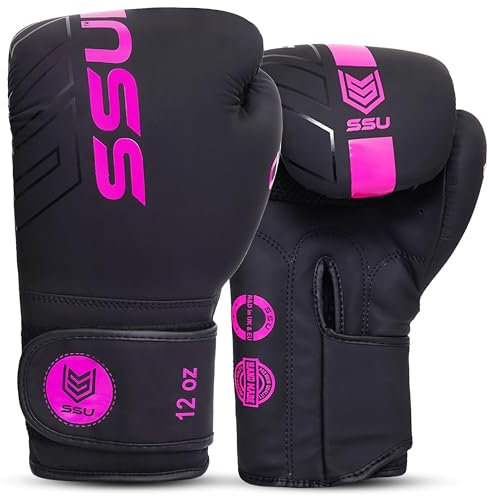 SSU Gants de boxe Supergel 12 oz pour entraînement professionnel, combat, kickboxing, Muay Thai et MMA Gants pour homme et femme (Rose)