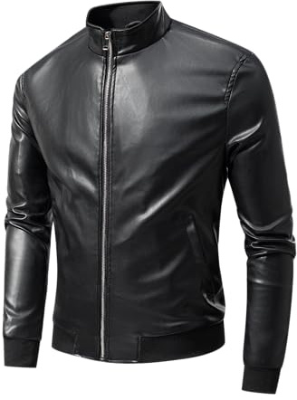 TONY BACKER Giacca da Moto Uomo in Pelle Sintetica, Bomber Leggero Estivo, Collo alla Coreana, 4 Tasche, Tinta Unita (IT, Testo, XL, Regular, Regular, NERA)