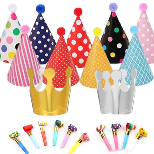 LandReCol 23 Stück Geburtstagsparty-Set, Partyhüte, Bunte Tröten für Festliche Stimmung, Inklusive 2 Kronen, 9 Partyhüte und 12 Tröten, Perfekt für Geburtstagsfeiern
