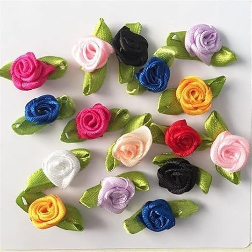 10 färger mini bandrosor för hantverk, 100 st små konstgjorda tygblommor med löv små rosetter applikation gör-det-själv blomma satinband rosor för sömnad rosetter bröllop festival dekor