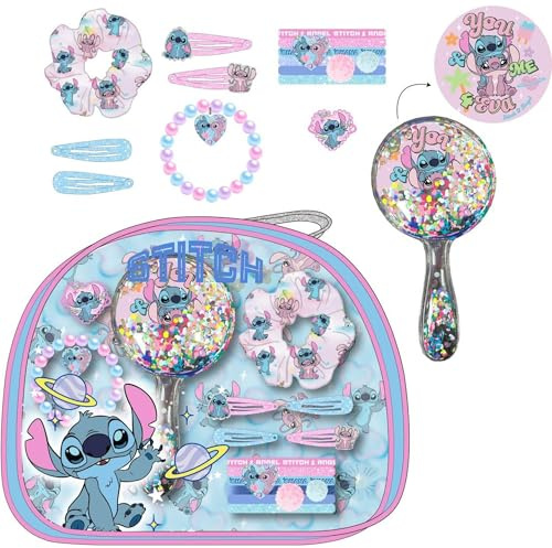 Disney Stitch Ensemble de beauté pour enfant avec trousse de toilette transparente, miroir liquide, chouchous et pinces à cheveux et bracelet – Accessoires complets de coiffure et de jeu pour filles à