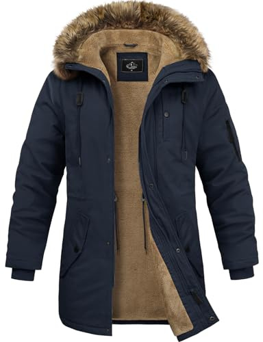 Lonya Manteau Homme Hiver Veste Parka Polaire Chaud Doublure épaisse en Peluche Décontracté Thermique Coton Militaire Blouson Coupe-Vent Manteau à Capuche Fausse, Bleu Marine, XL
