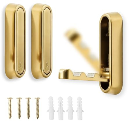 2 Ganchos Adhesivos para Pared Ganchos de Aluminio Plegables a 90° para Perchero Plegable Pared Ganchos Pared Adecuados para Baños Armarios Dormitorios Piscinas y Cocinas (Oro Cepillado)