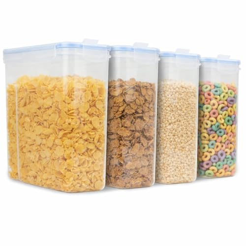Cereal Containers | 4 Litre Food Containers | Airtight Food Storage Dispenser | Easy Pour Lid | Fresh Seal Clips | Ideal for Cornflakes, Pasta, Rice, Flour | Set of 4 - Labels & Pen Included