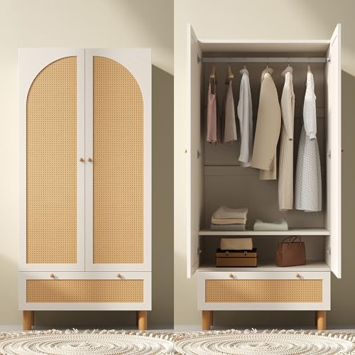Fppuueg Armario con 2 Puertas y Ratán, Armario Ropero de Madera con Barra para Colgar y Estantes Ajustables en Altura, Armario Dormitorio con Cajón Grande, Estilo Rústico, 180x85x52 cm, Blanco