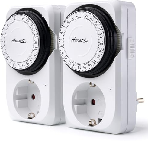 Awootsv Interruptor mecánico con temporizador diario, 24 horas, programa analógico, enchufe para uso en interiores con 96 segmentos (15 minutos) Increased Touch Protection Child Safety Weekly Timer