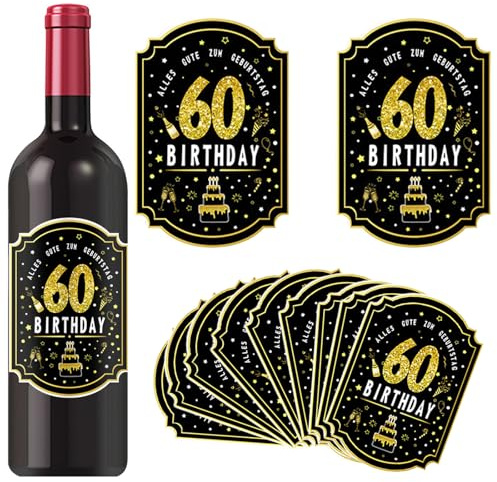 24 Etiquetas para Botellas de Vino 60 Cumpleaños, Pegatinas Decorativas Negro y Oro para Decoración de Mesa y Regalos de 60 Aniversario para Hombres y Mujeres, Adhesivos Resistentes al Agua