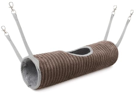 Mtbricey Small Animal Hanging Tunnel Hammock for Hamster Rat Ferret Guinea Pig Chinchilla Plush Cage Hideout Tunnel Bed Hammock For Cage Guinea Pig Hideout Washable Soft Fleece with 4 Clips (Coffee)