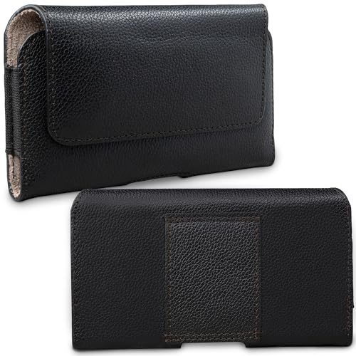 Handy Gürteltasche - universal quer Handytasche Größe 4XL - speziell für Herren Designed - Gürtel Handy Tasche mit Fester Gürtelschlaufe - Leder Smartphonetasche in schwarz