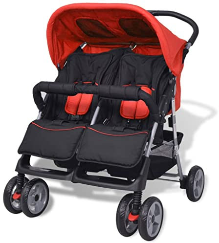 vidaXL Zwillingskinderwagen Stahl Rot und Schwarz