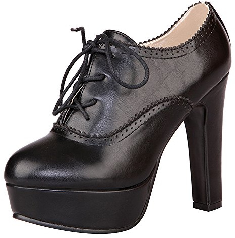 Jamron Femmes Vintage Haut Plateforme Bloc Talon Escarpins Élégant Lacets Brogue Oxfords Noir SN02833 EU41