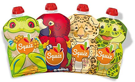 Set mit 4 wiederverwendbaren 130-ml-Quetschbeuteln | Amazonie-Kollektion | Für Babys, Kinder und Erwachsene | Für Kompott, Püree und Smoothies | Hergestellt in der Schweiz und Frankreich | Squiz