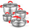 gridinlux® | Batería de Cocina 8 piezas Munich | Juego de ollas Acero Inox con tapa Vidrio Templado | Todo tipo de Cocinas: Inducción Gas Vitro | Asas Suaves Rojo