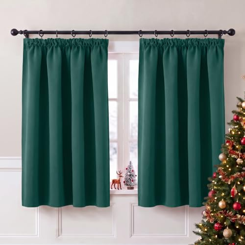 PONY DANCE Blackout Pencil Pleat Curtains, Dark Green, W46 x L54, 2 Panels | Thermal Insulated Curtains with Noise Reducing & Privacy, Luxury Soft Window Treatment for Bedroom, Living Room & Kitchen