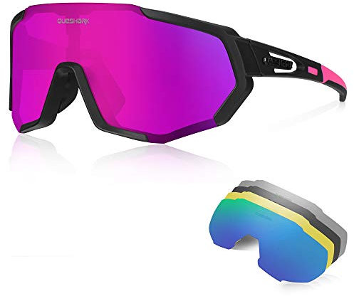 Queshark Sportbrillen Fahrrad Brillen Damen Herren Polarisierte UV400 Schutz mit 5 Wechselgläser Radbrillen für Outdoor-Sport Radfahren Motorradfahren Laufen Angeln Golf