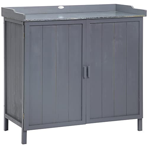 Outsunny Garden Storage Cabinet Potting Bench Table with Galvanized Top, Grey