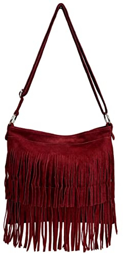 Modarno Sac à bandoulière avec franges en daim - sac bandoulière femme en daim, bordeaux, 32 cm