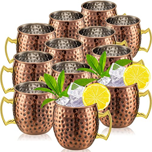 Tessco 12 Pcs Moscow Mule Mugs 16 oz Copper Mugs Kit 304 Hammered Copper Plated Stainless Steel Mule Cups for Cold Drinks Coffee Beer Wine Chilled Drink(Trendy Style,Antique Bronze)