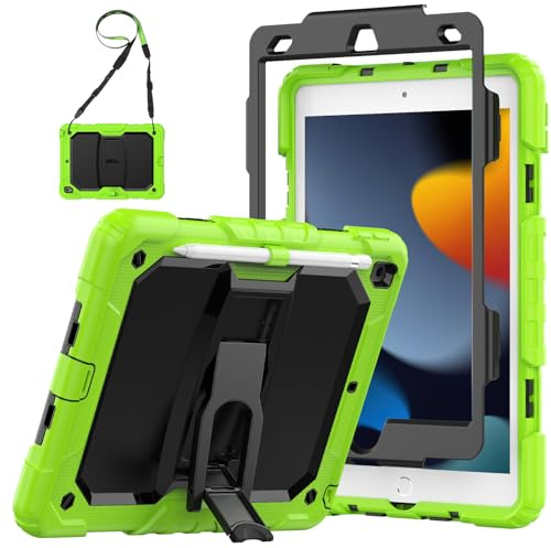 SEYMAC Funda para iPad de 10,2 Pulgadas (iPad 9.ª/8.ª/7.ª generación), Funda a Prueba de Golpes con Protector de Pantalla/Soporte Plegable/Soporte para Bolígrafo para iPad de 9.ª generación, Verde