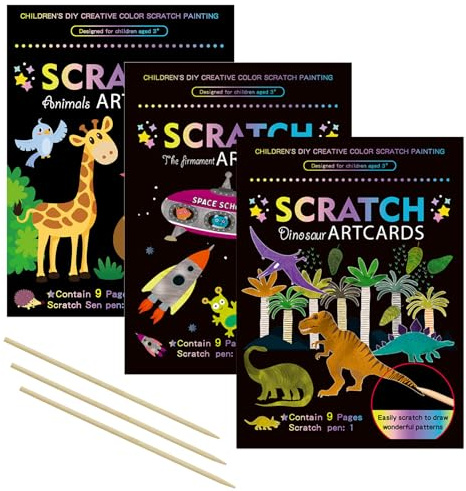 OPUHOHR 3 set di carta magica da grattare, libro artistico colorato con 3 penne da grattare per compleanno, Halloween, Natale, feste, giochi, progetti (dinosauri/astronauta/giraffa)