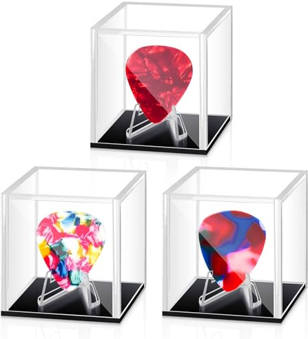 DoubleFill 3 Pcs Acrylic Guitar Pick Display Box Case Bulk Clear Bass Guitar Pick Holder for Any Collectible Plectrum Decoration Memorabilia Gift(Clear, Black Base)
