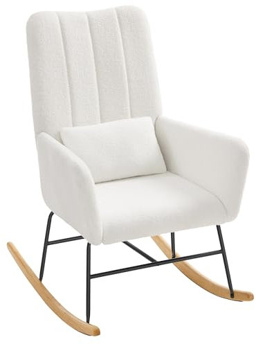 SONGMICS HOME Silla Mecedora, con Reposabrazos, Reclinable, Cubierta de Vellón, Marco de Acero, Patas de Madera de Caucho, Carga de 160 kg, para Dormitorio, Salón, Blanco Crema LYY500W01