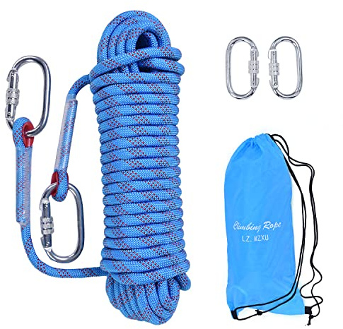 LZ.MZXU Climbing Rope 20M Rope Multifunctional Cord Safety Rope 10mm Emergency Escape Rope Boat Rope With 2 Carabiners Camping Rescue Outdoor Hiking Caving (Blue)