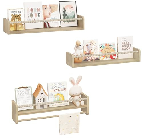 WOLTU Librería Infantil, Juego de 3 Estantes de Pared para Niños, Estanteria Libros Infantil, Estantes Pared de Madera Maciza, Baldas Flotantes para Libros y Juguetes, para Habitación Infantil