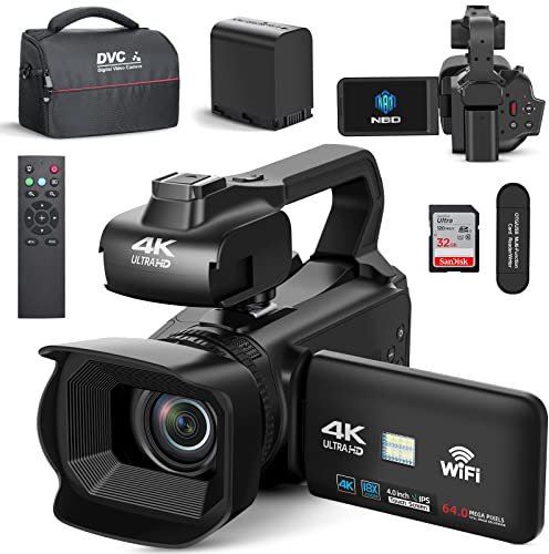 NBD Camcorder 4K Video Camera Auto Focus 64MP 60FPS 18X Zoom Digital Vlogging Camera for YouTube 4.0 Touch Screen WiFi Webcam Video Camera with 32G SD Card (VC)