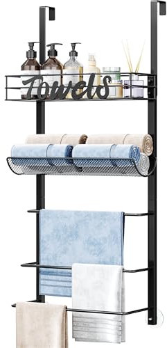 SWTYMIKI Over Door Towel Rack - 5 Tier Towel Storage Rack Wall Mounted with Metal Shelf, Over Door Towel Rail, Space-Saving Bathroom Towel Storage, Multi-Functional Bathroom Accessories, Black