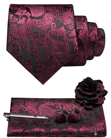 JEMYGINS Herren Paisley Krawatte mit Einstecktuch Krawattenklammer Blumenbrosche und Manschettenknöpfen Set weinrot