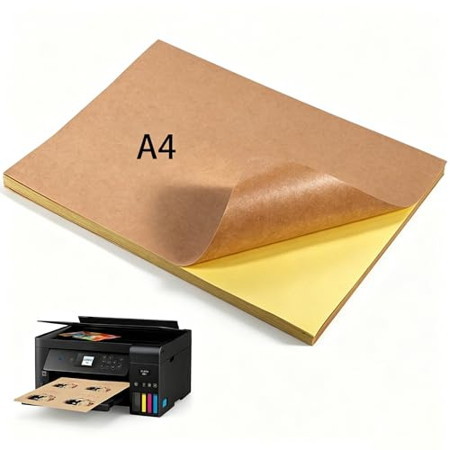 Papier Autocollant Kraft A4,30 A4 de papier kraft imprimable et Autocollant Feuilles Papier Kraft Imprimable pour Étiquettes Faites à La Main, Imprimante à Jet d'Encre et Laser